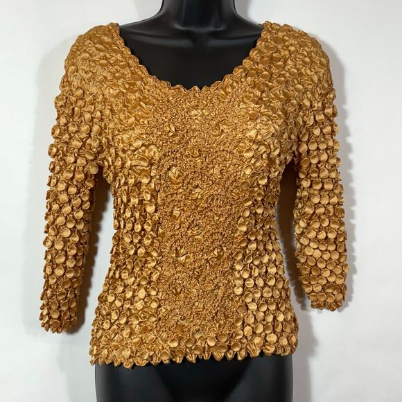Popcorn Top Gold Tan Bubble Crinkle Super Stretchy Shirt Short Sleeve 90s Y2K - Picture 10 of 10